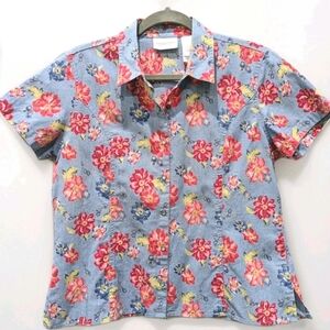 Lizwear Womens Floral Western Chambray‎ Top Size Medium Pearl Snap Grandma 80s